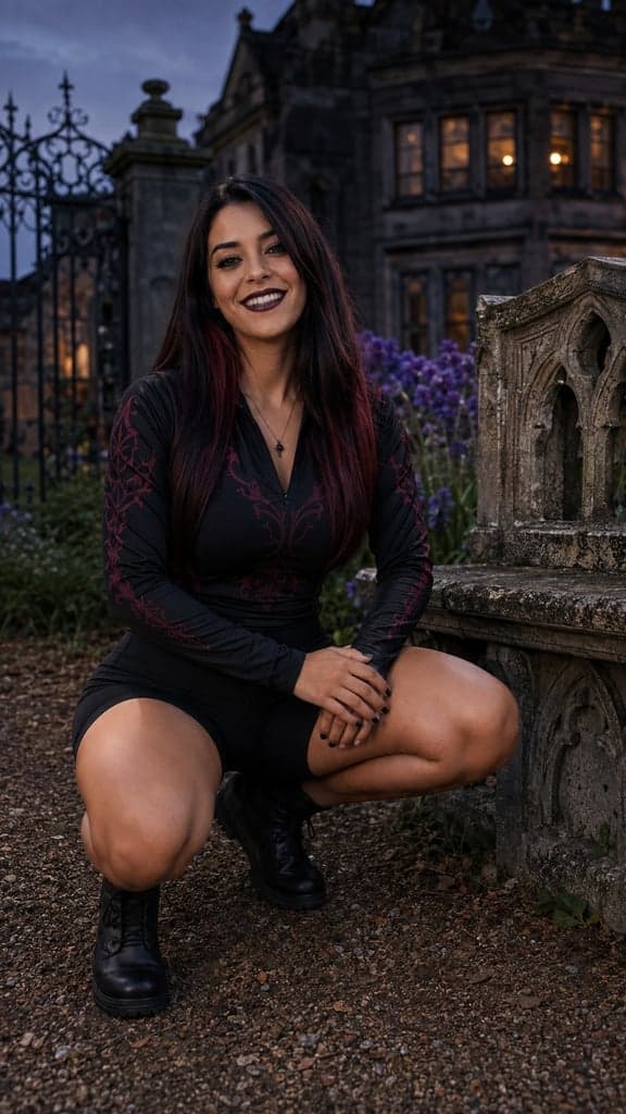 Mulher agachada no jardim de um casarão, à noite