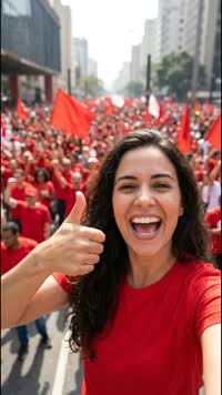 Mulher de camisa vermelha falando para a câmera em um ato de rua